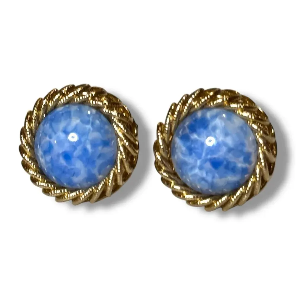 Vintage Cufflinks Mens Gold Tone Blue Swirl Glass Regency Bullet Back